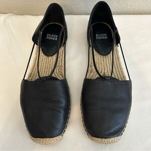 Eileen Fisher Lee Washed Leather Espadrille Leather Upper Black Flat, Size 9.5